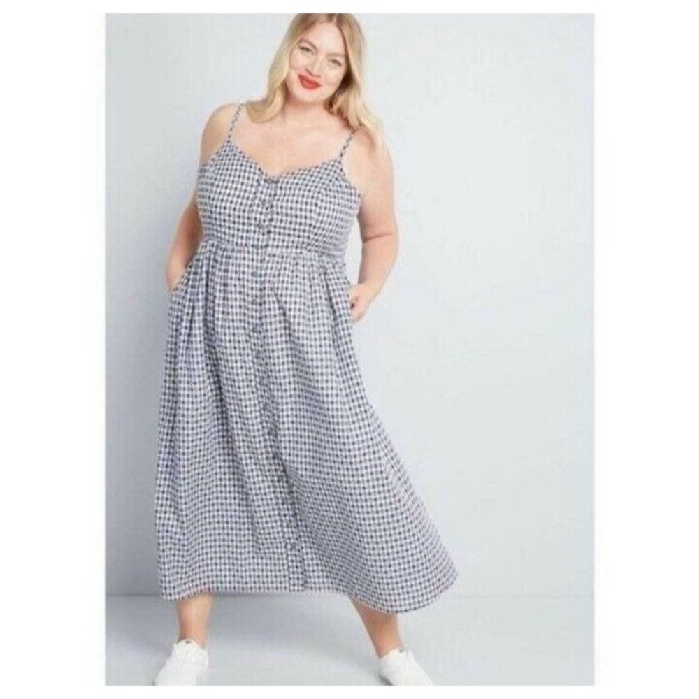 MODCLOTH‎ Dress Navy Gingham Quite Clearly Charismatic Midi Button Dress Large